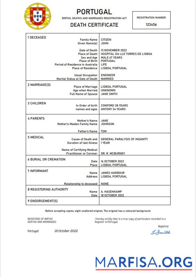 Realistic Portugal death certificate Word and PDF template